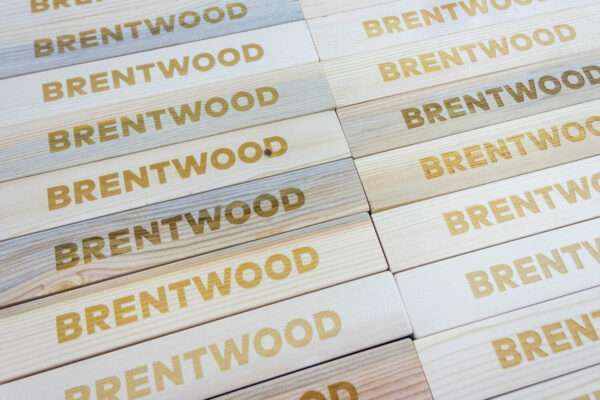 Wooden blocks laser engraved with "Brentwood" brand